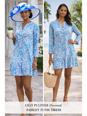 Lilly Pulitzer Paisley Tunic Dress Size XS Blue Pink Long Sleeve Ruffle Hem Preo